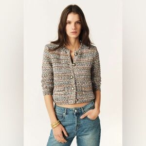 NEW ba&sh Bash Guspa Multicolor Tweed Cardigan Jacket Pink Blue | size 2 / M
